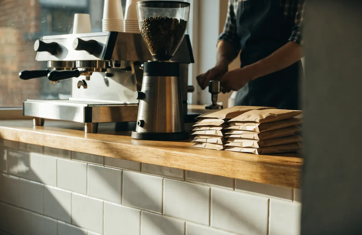 A small café counter with an espresso machine and stacked coffee bags