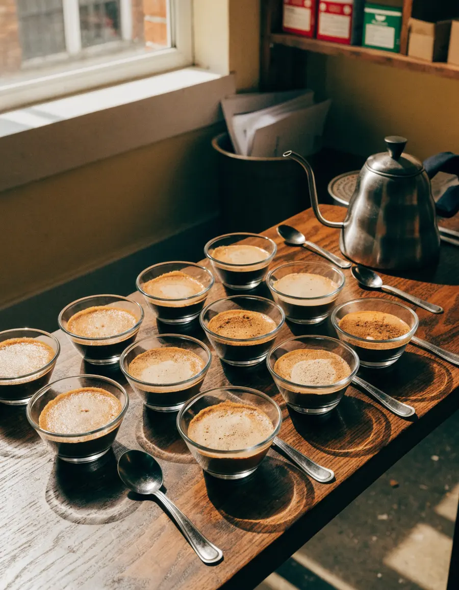 A cupping table of freshly ground coffees and silver spoons at the roastery