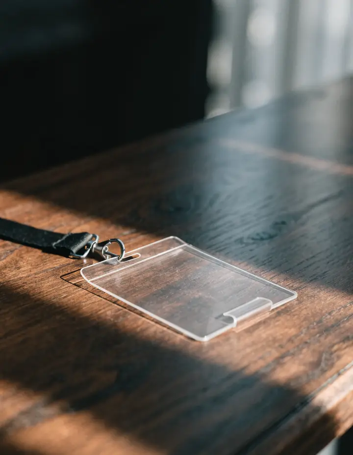 A blank conference badge on a lanyard