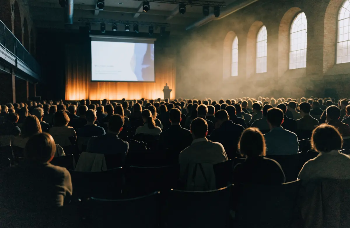 The main hall full during the opening keynote, seen from the back