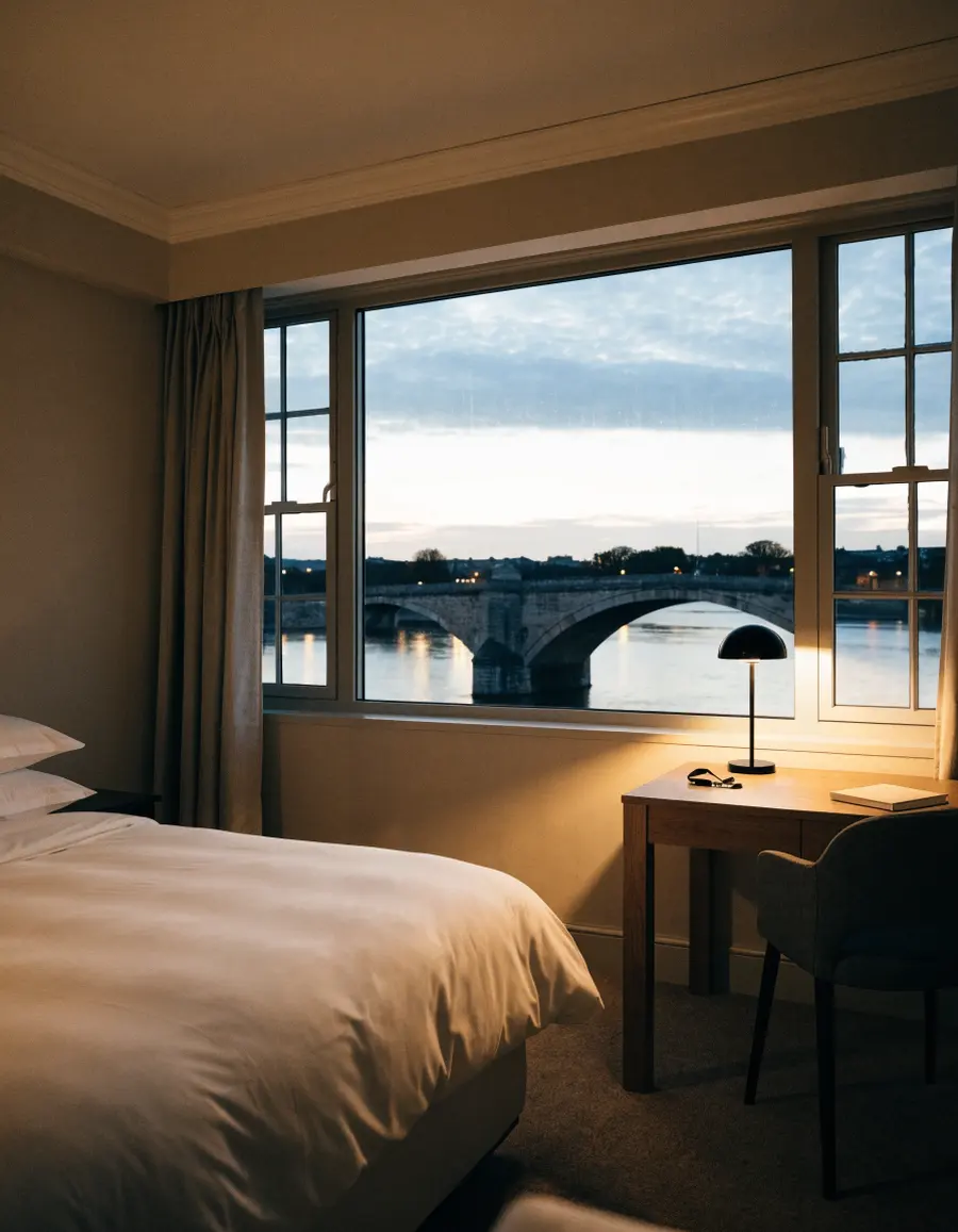 A hotel room with a window onto the river at dusk