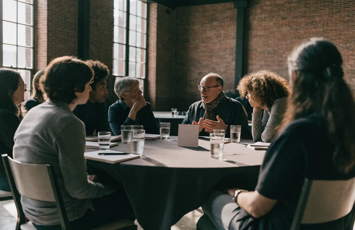 A sponsor-hosted roundtable at lunch, eight people talking
