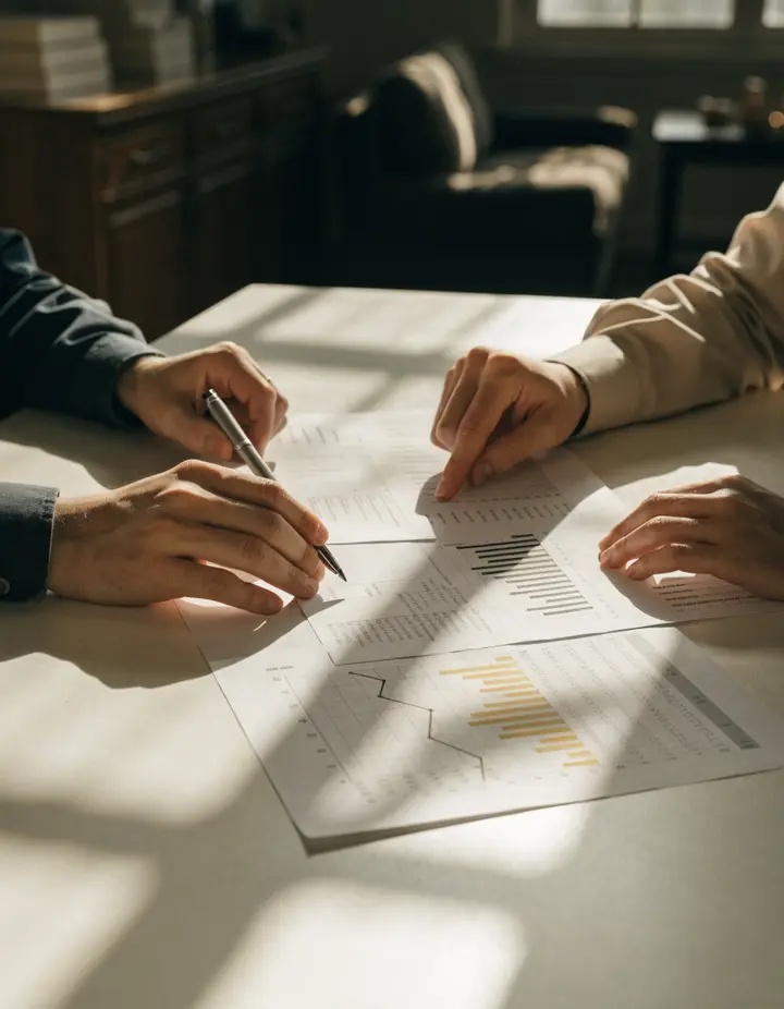 Two people's hands on printed charts across a table, one holding a pen