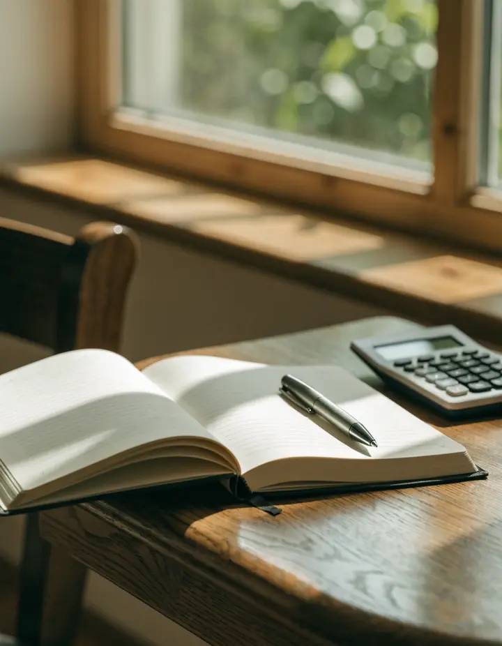 An open notebook, a pen and a calculator on a wooden desk by a window