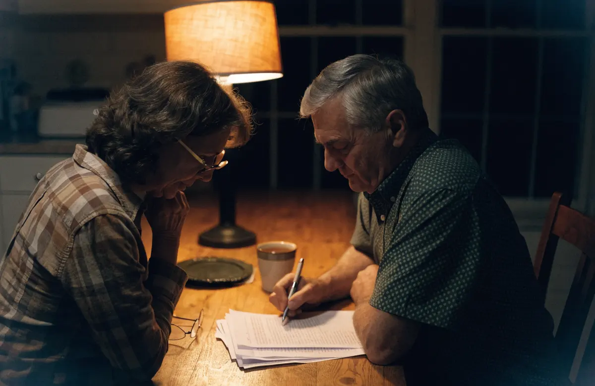 A couple at a kitchen table in the evening with printed pages and reading glasses