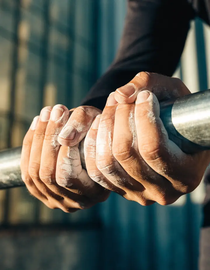 Chalked hands gripping a barbell