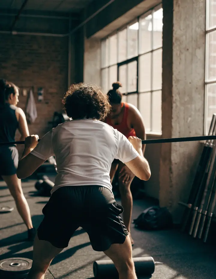 A coached group squatting at their racks under tall warehouse windows