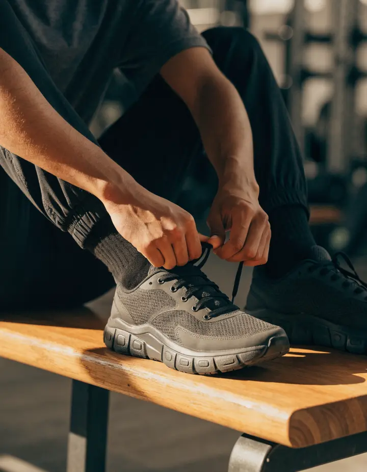 A lifter tying training shoes on a bench