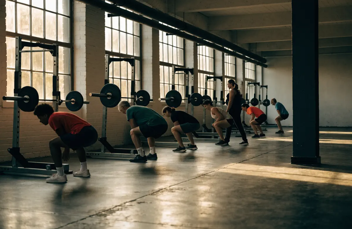 Six lifters at their racks in one coached class