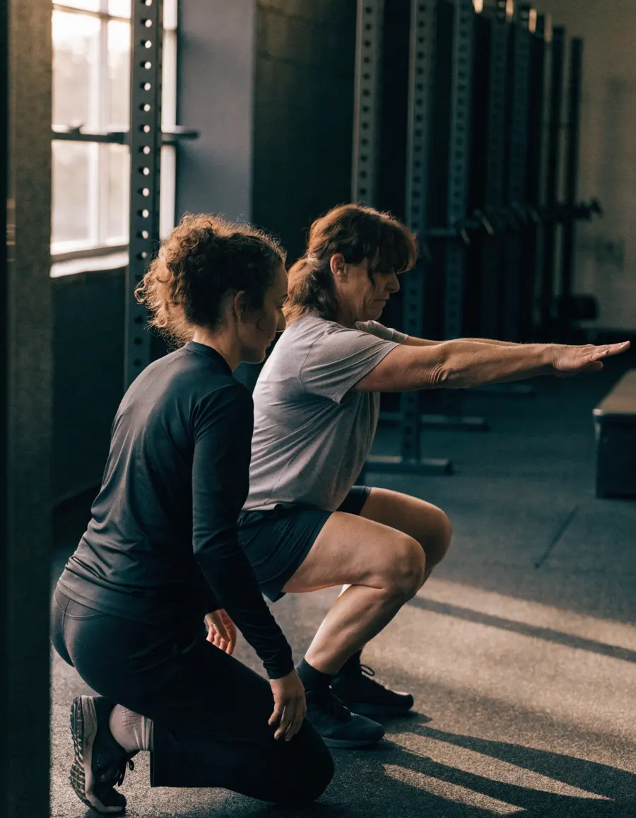 A coach watching a new member squat with no weight