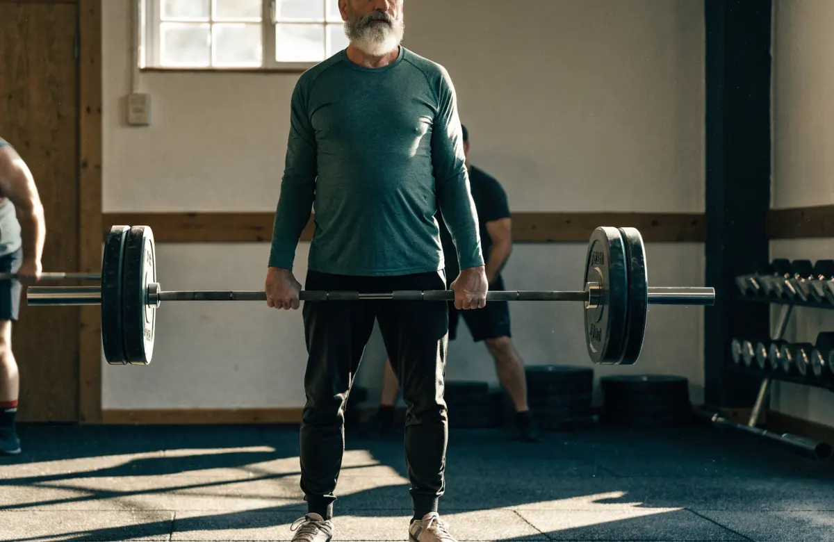 A lifter in his late fifties finishing a deadlift