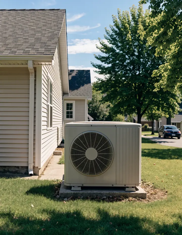 An outdoor air conditioner beside a suburban Columbus house in summer