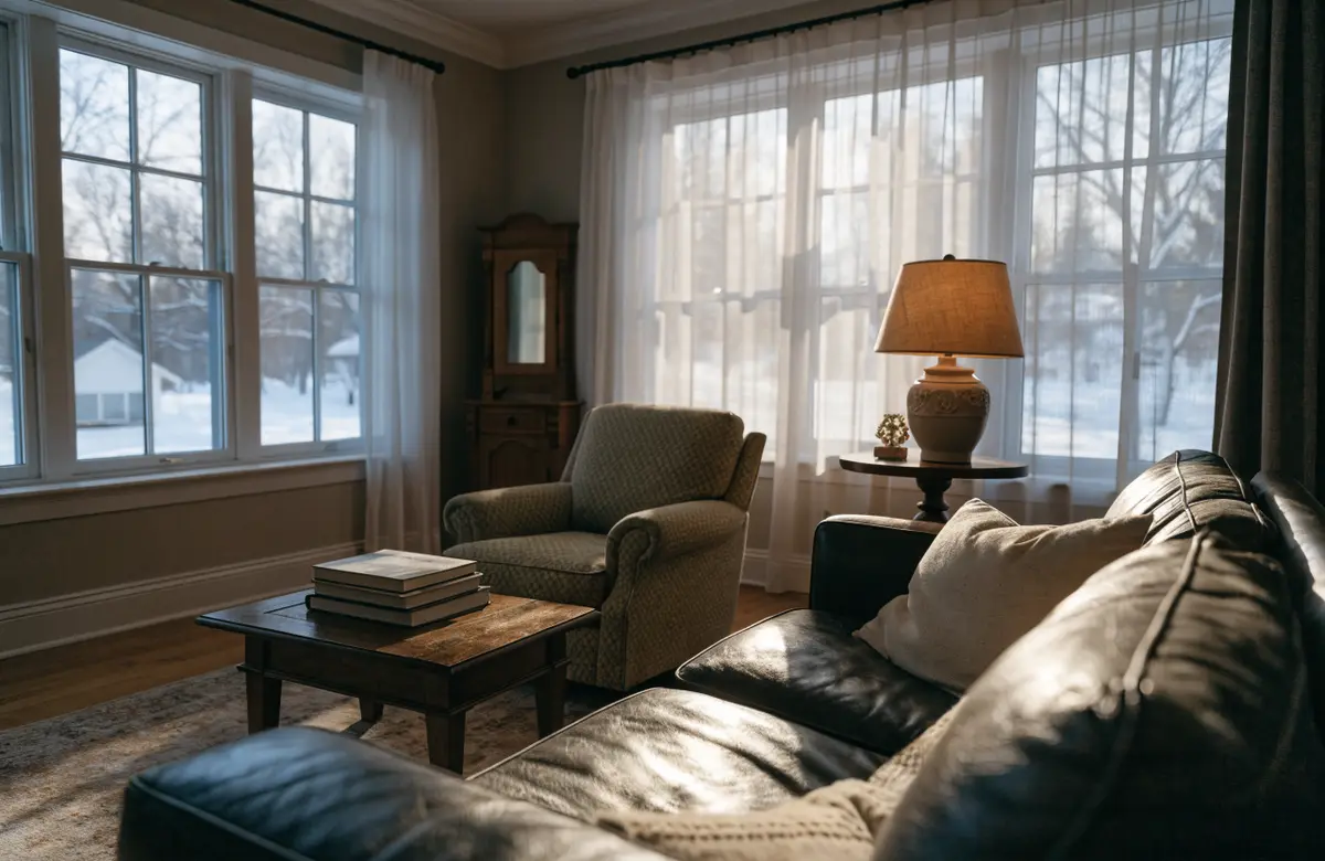 A warm living room in a Columbus home on a snowy evening