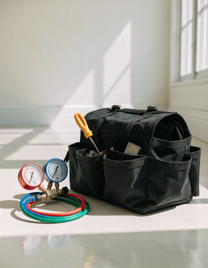 A technician's tool bag and refrigerant gauges on a clean floor