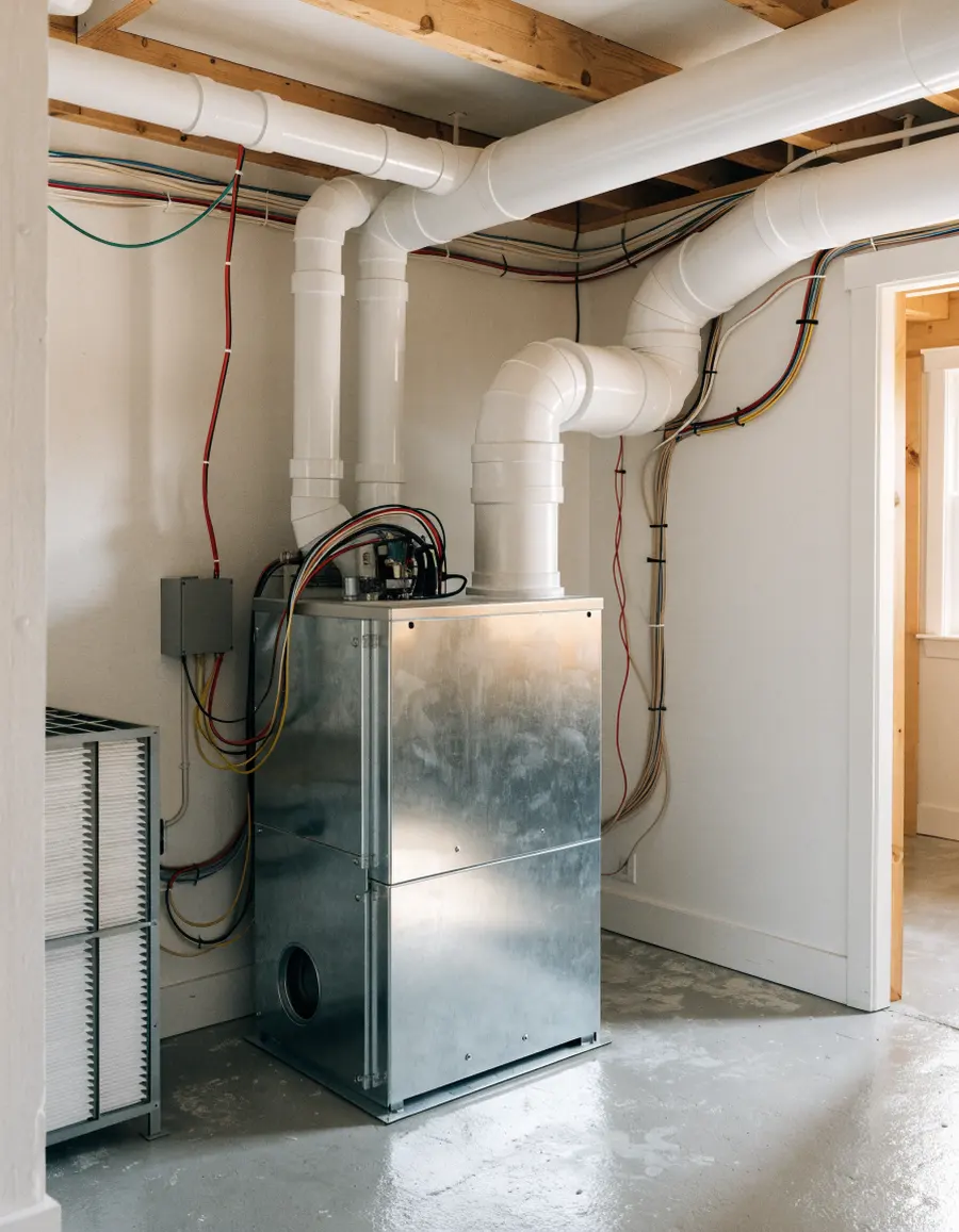 A newly installed high-efficiency furnace with white PVC venting