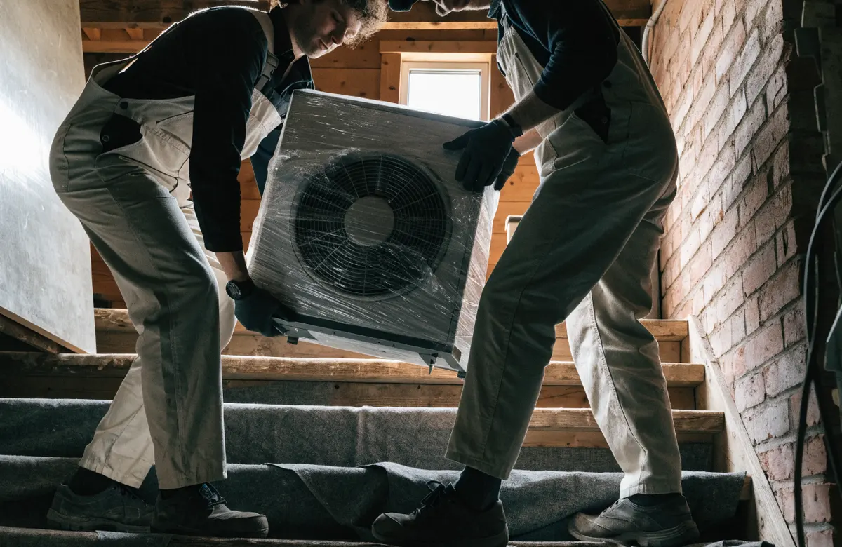 Two installers carrying a new furnace down basement stairs
