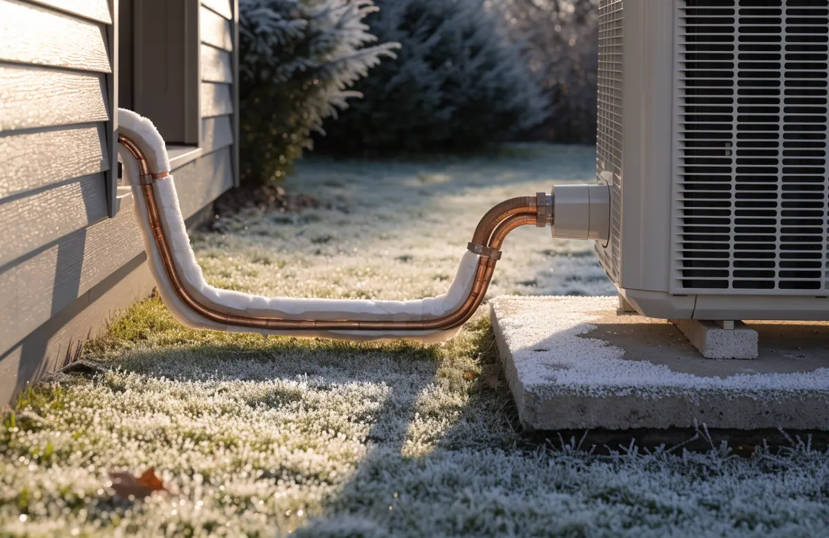 Copper line set running to a new outdoor heat pump on a frosty morning