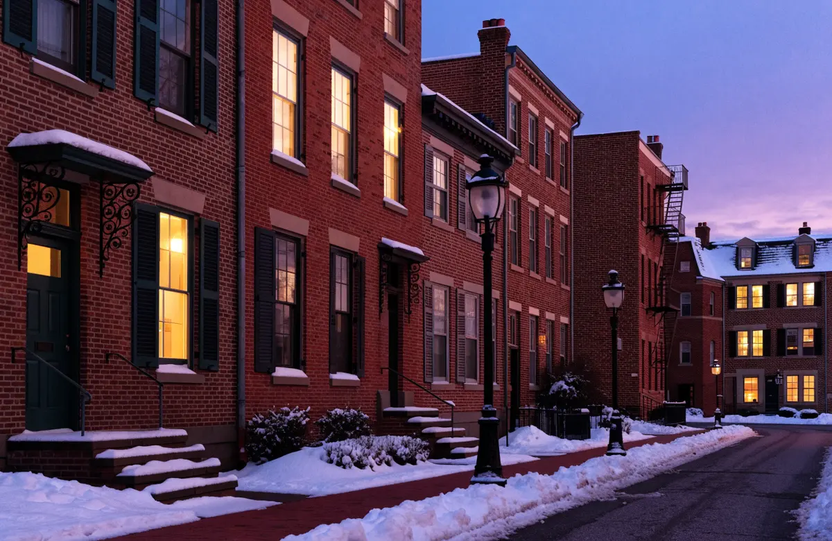 Brick houses in German Village, Columbus, on a snowy evening