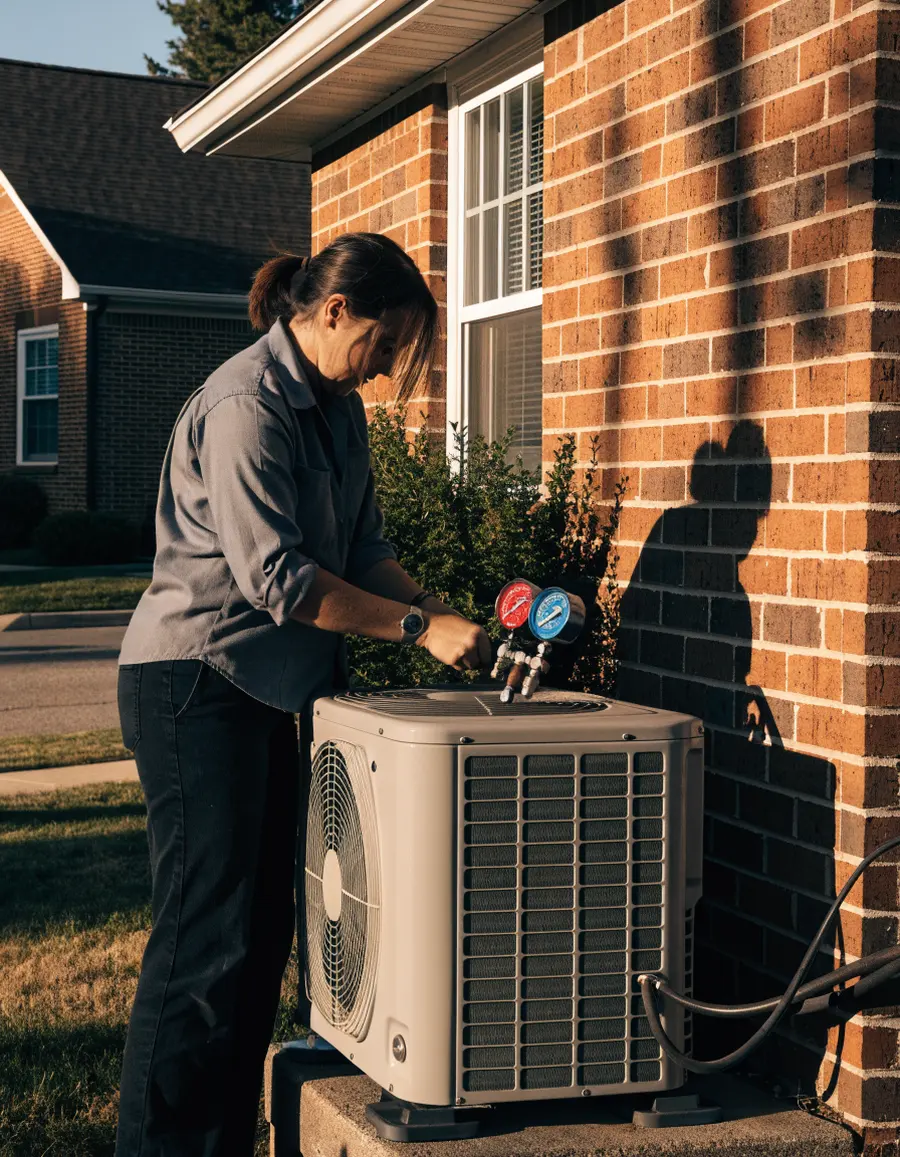 Dana Whitfield checking an outdoor unit with refrigerant gauges