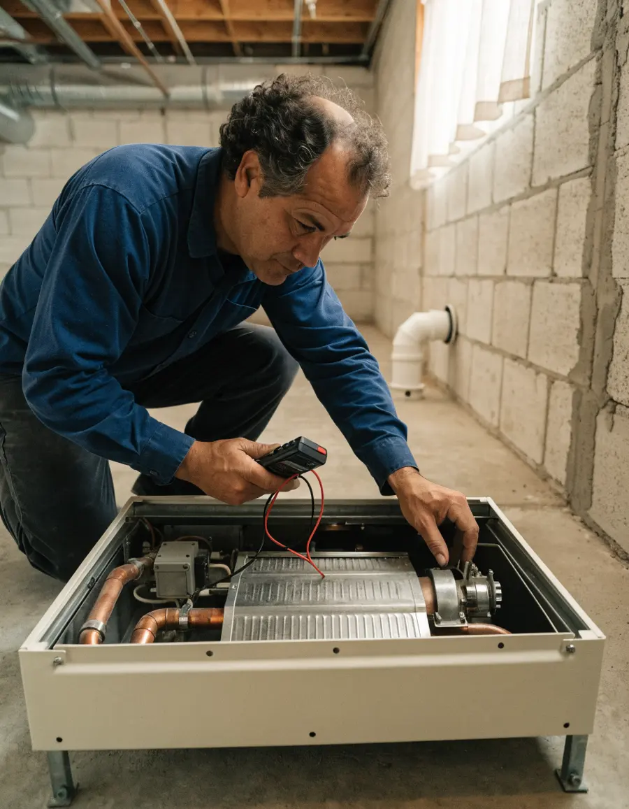 Marcus Bell at an open gas furnace in a basement