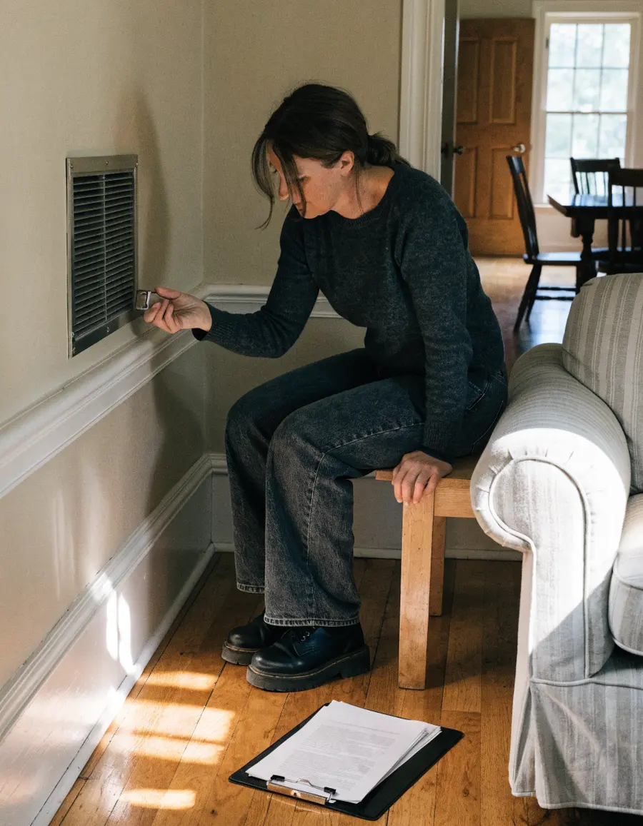 Rachel Kim measuring a return air vent in a living room