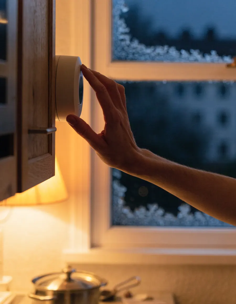 A hand adjusting a wall thermostat at night