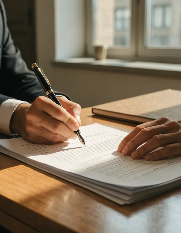 Hands signing a document with a fountain pen