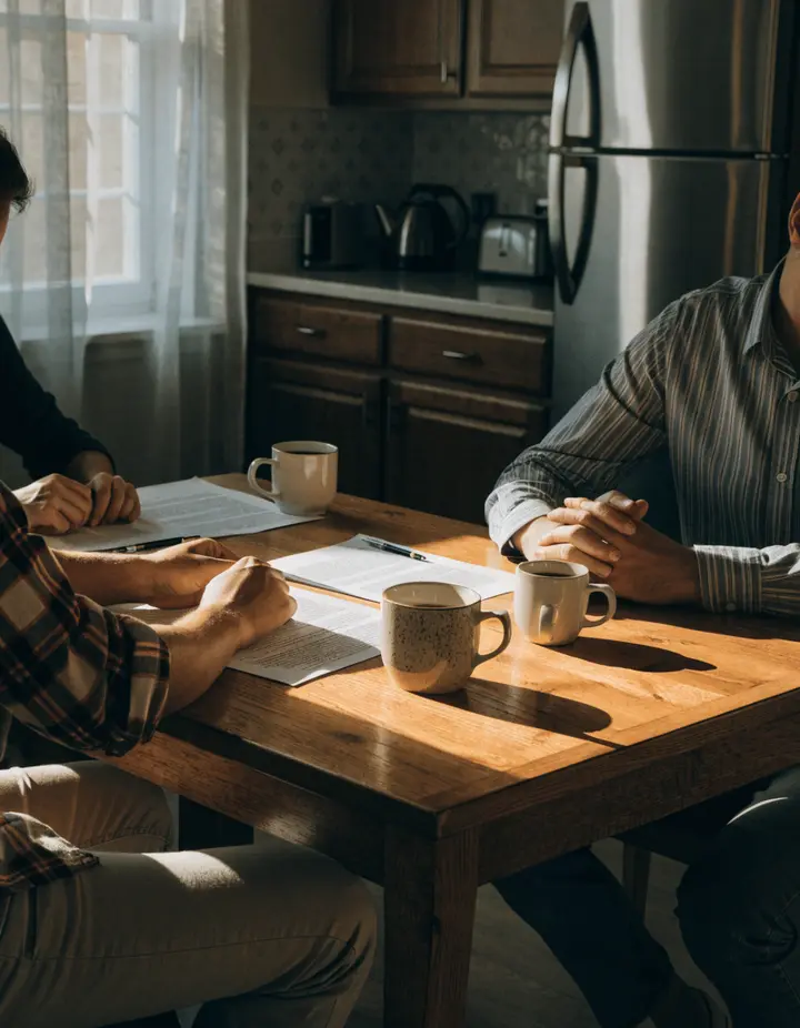 A kitchen table with paperwork and coffee mugs
