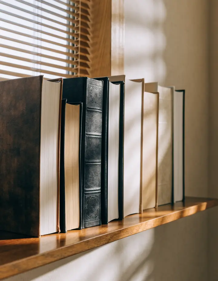 A row of law books on a shelf in soft light