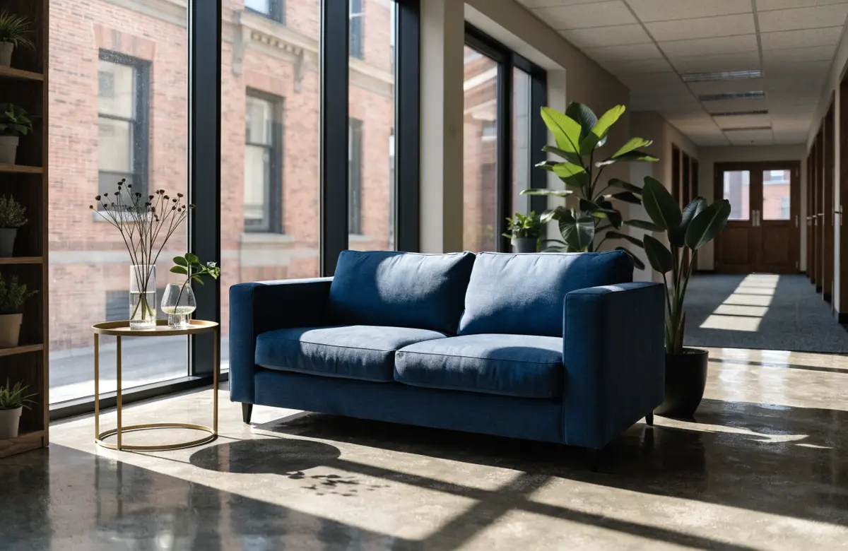 A calm law office lobby with a navy sofa and tall windows
