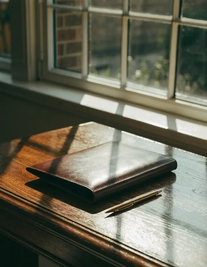 A closed leather folder and a pen on a desk by a window