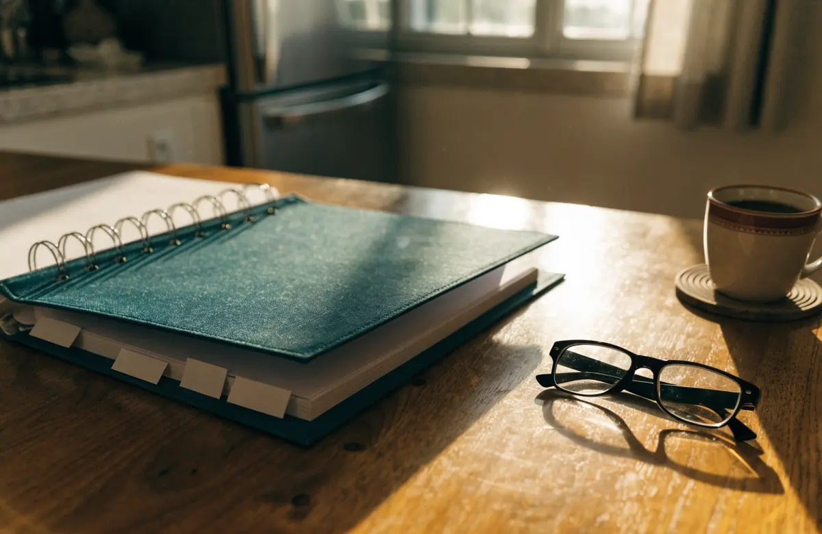 A finished estate plan binder open on a kitchen table