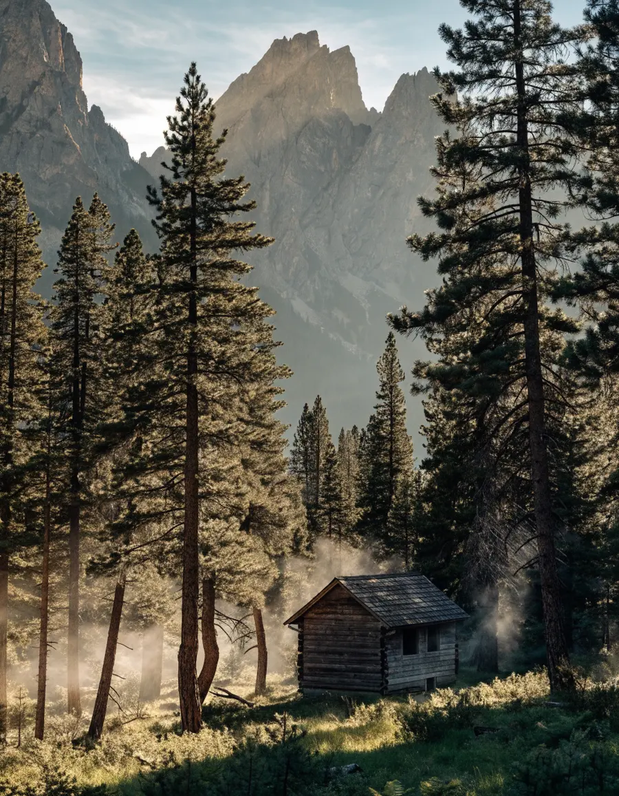 A small wood cabin among pine trees with mountains behind