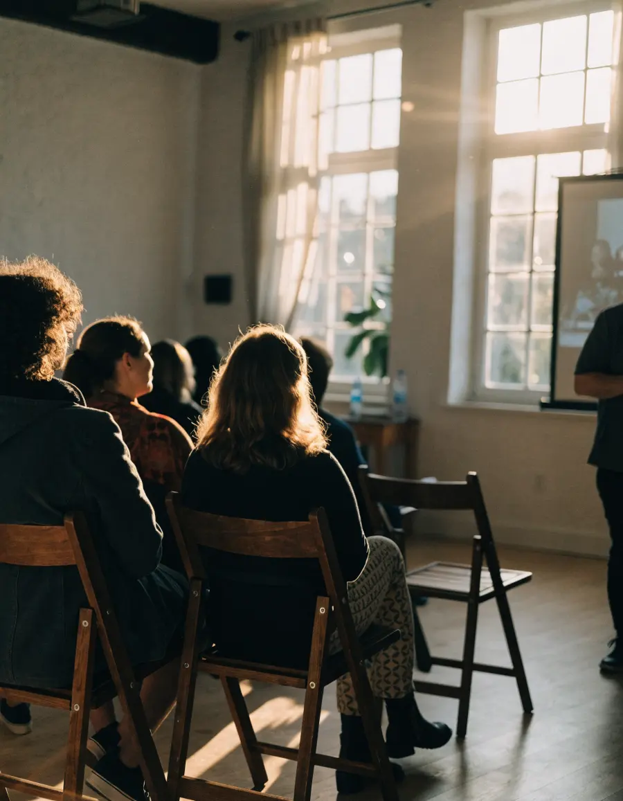 Adults seated in a small community room listening to a talk