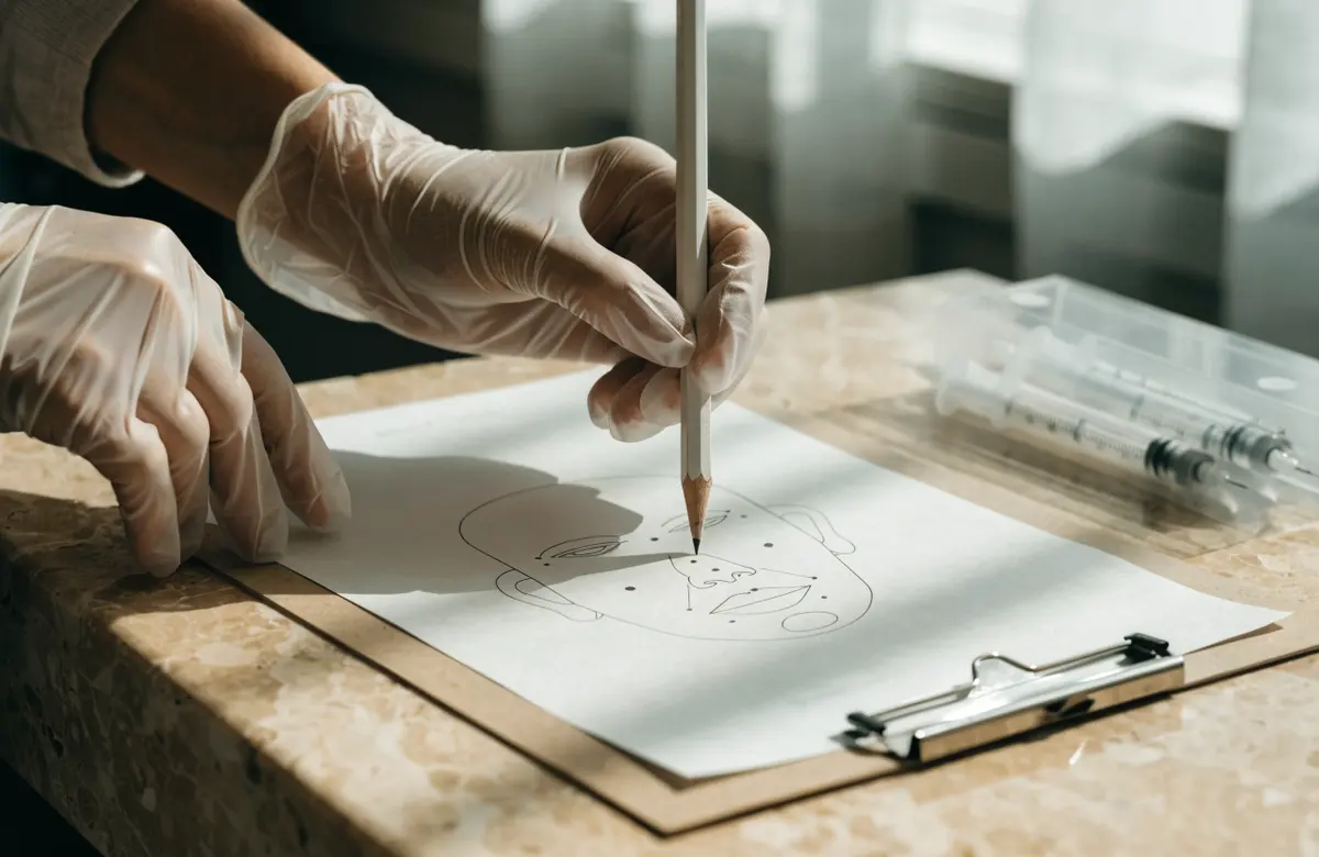 A nurse's gloved hands marking dots on a paper face chart