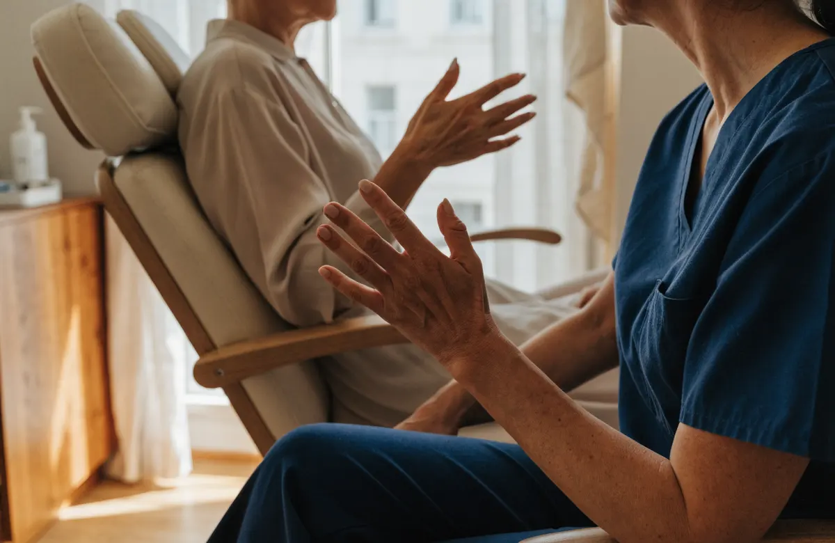 A patient talking with a nurse in a treatment chair