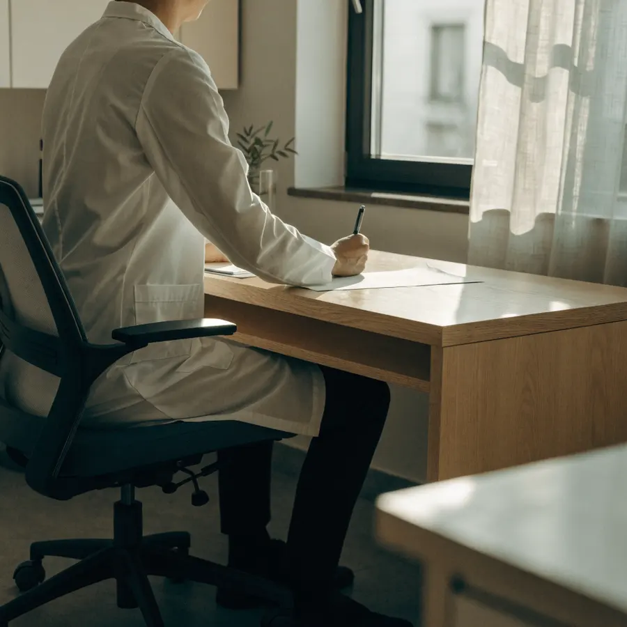 Dr. Marquez writing notes at her desk, seen from behind