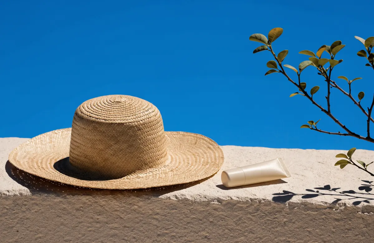 A straw hat and mineral sunscreen on a stucco ledge in hard Arizona sun