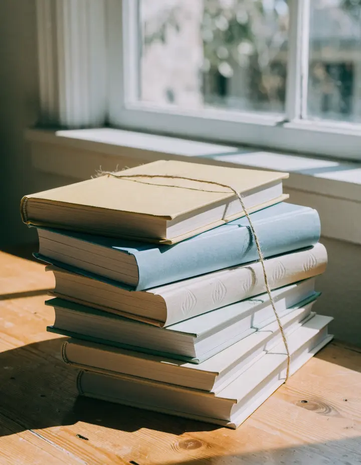 A stack of new children's books tied with string