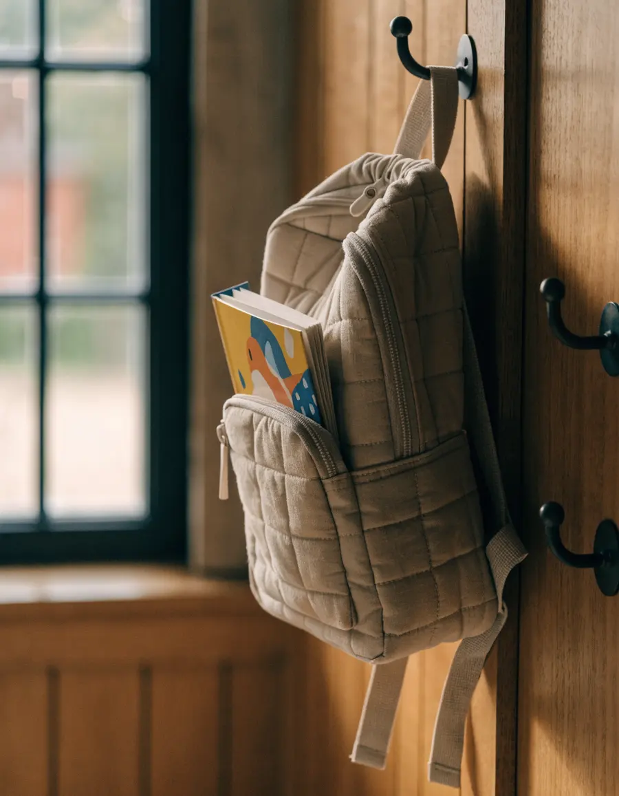 A child's backpack hanging on a classroom hook with a picture book tucked in