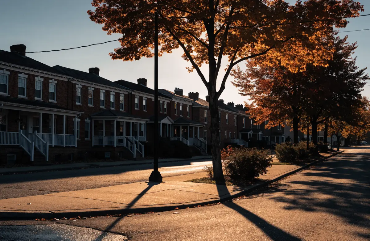 A Detroit residential street with brick houses and autumn trees in morning light