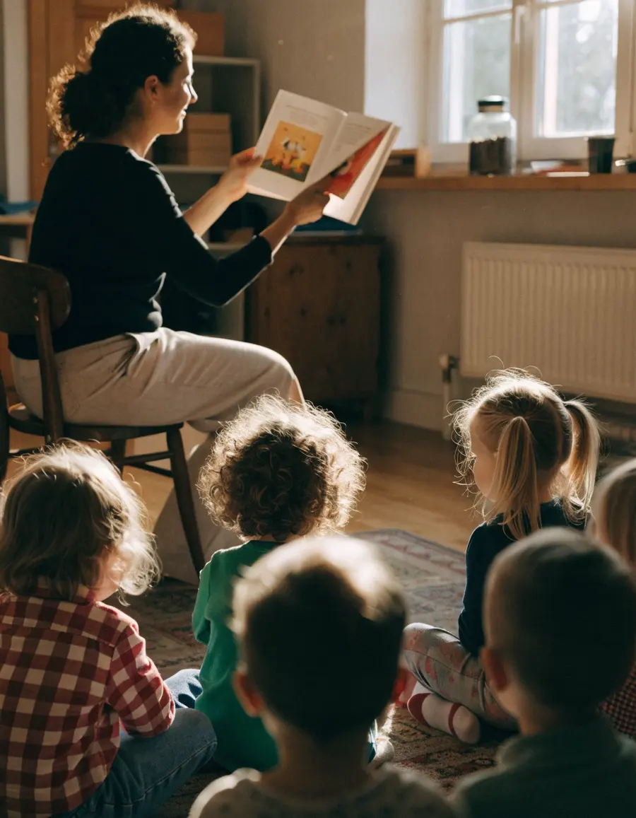 A teacher holding up a picture book for a group of seated children, seen from behind
