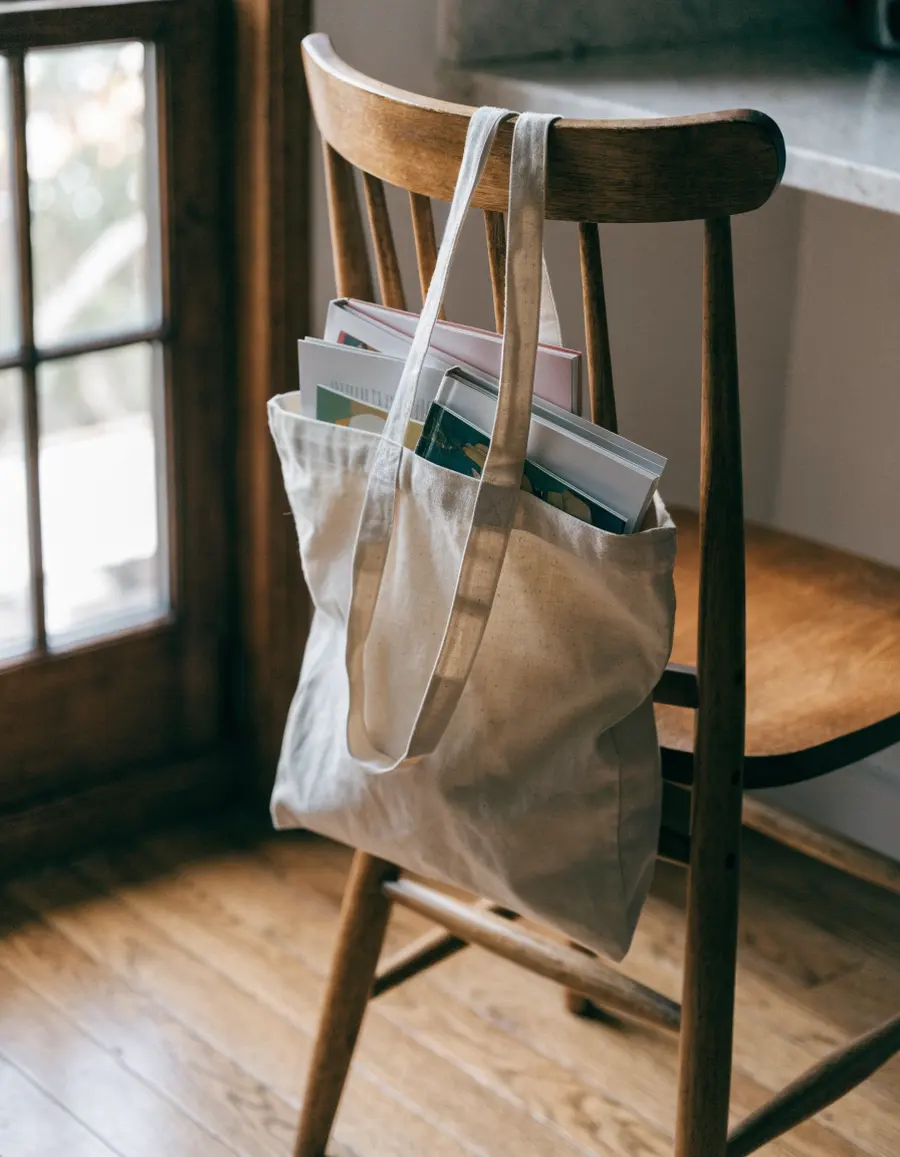 A canvas book bag with new children's books on a kitchen chair