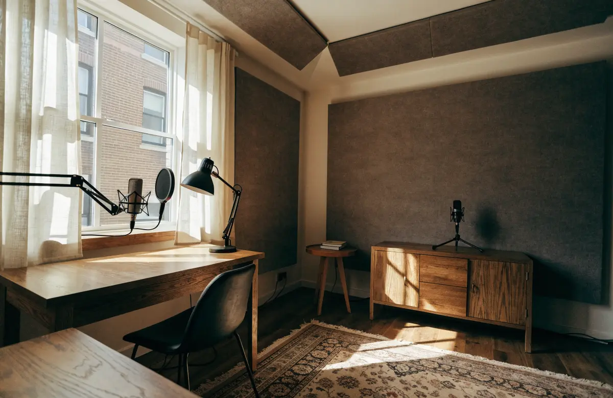 The recording room on Union Street with acoustic panels and a rug