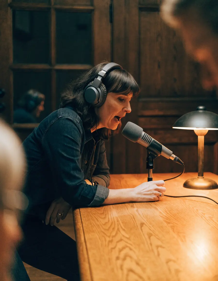 Mara Lind at the long table with headphones on