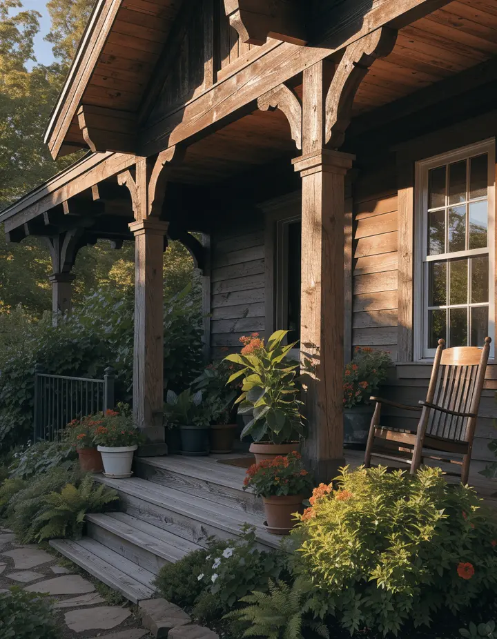 A craftsman front porch with rocking chair and potted plants in late afternoon light