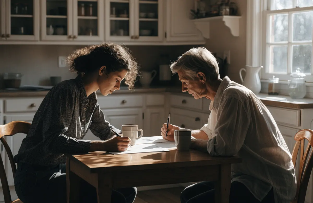 An agent and a homeowner reading a printed market analysis at a kitchen table