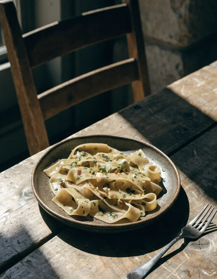 Pappardelle with herbs on a wooden table