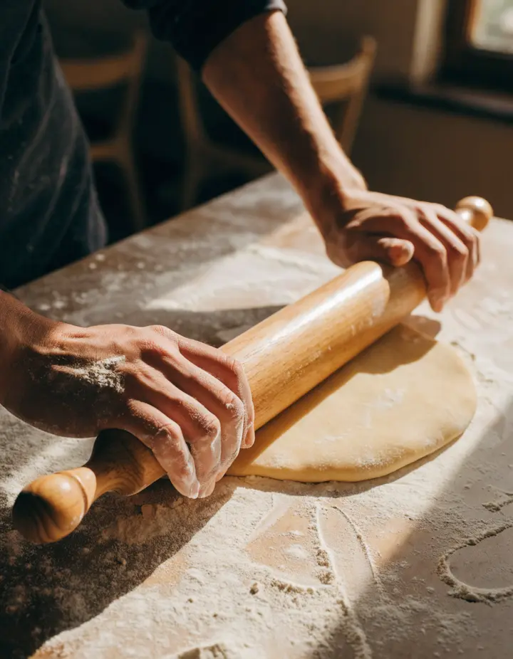 Marta rolling a sheet of egg pasta with a long pin