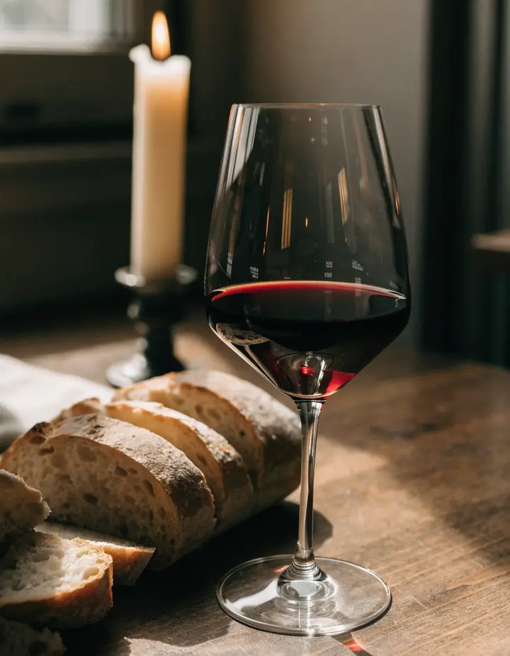 A glass of red wine beside sliced bread